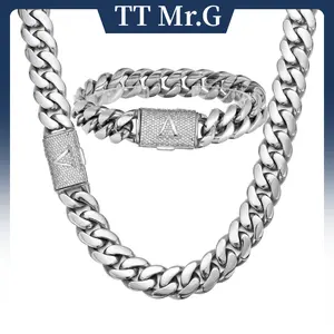 Silver Stainless Steel Cuban Link Chain & Bracelet Set for Men, 14mm Heavy Miami Cuban with A–Z Initial Letter Clasp, Gothic Punk Hip Hop Style, Personalized Matching Jewelry Set Gift for Him, Bold Statement Daily Wear