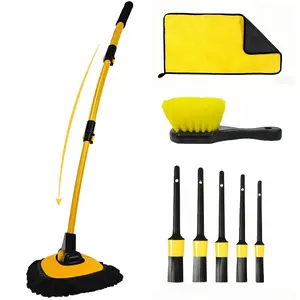 Extendable Car Wash Brush Kit - 90° Adjustable Head, 15° Curved Handle for SUV/Truck, 8-Piece Cleaning Set with Wheel & Detailing Brushes