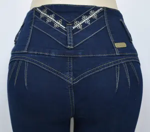 USC-F018 Sexy Anna Butt Lifter Levante Cola Jeans High Waisted Skinny Fit with Rhinestones Buttons & Zipper Push-Up Tummy Control Blue Cotton Women's Bottoms