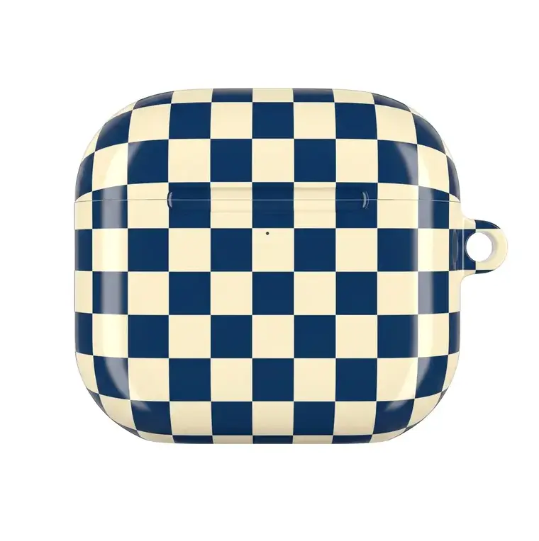 [Preppy Checkerboard Style] Navy Cream Checkerboard AirPods Case for AirPods Pro 3/2/1 & AirPods 4/3/2/1, Blue Checkered Glossy Soft TPU Shockproof Protective Cover, Wireless Charging Compatible, Gift for Her