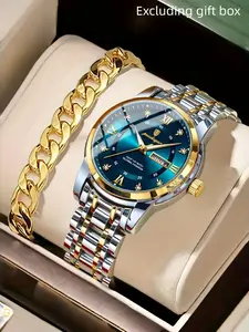 POEDAGAR Men's Fashion Casual Waterproof Date Round Quartz Watch and Bracelet Combo Kit, Perfect for Daily Wear, Ideal Gift, Stainless Steel Watch, Quartz Watch Set, Modern Waterproof Watch, Waterproof Wristwatch, Business Fashion Watch