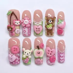 Mismatched 3D Kawaii Bear Press on Nails with Strawberry Apple & Button | Fake Nails in Long Square | Pastel Crafty
