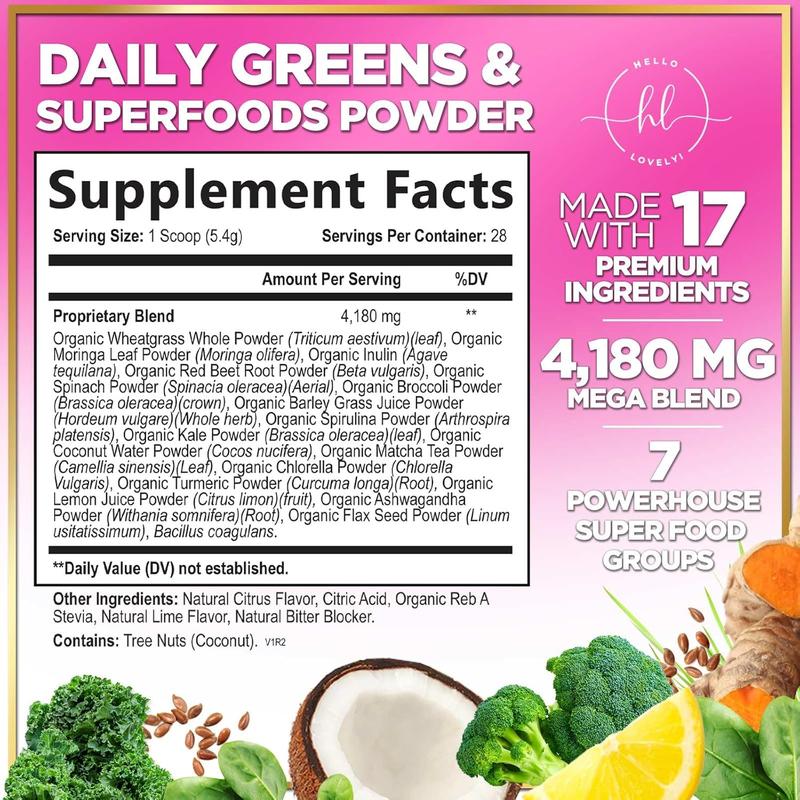 Greens Powder Superfood - Premium Organic Super Greens Juice Powder - Packed with Probiotics, Wheat Grass, Enzymes, Spirulina, Chlorella for Digestive & Gut Health, Smoothie Drink Mix - 28 Servings Healthcare Dietary
