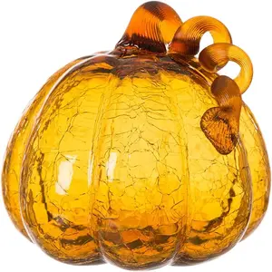 Hand Blown Pumpkin Tabletop Home for Fall Harvest Thanksgiving Decors, 6.75" H, Amber