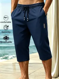 Men's Summer Quick-Dry Sports Capri Pants, Lightweight Breathable Polyester, Loose Fit, Fashion Casual Wear, Sweat-Resistant Fabric