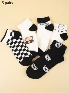 Women's Bear & Plaid Print Low Cut Socks, Cute Textured Socks, Casual Comfy Socks, Casual Comfortable Breathable Socks for Daily Wear, Women's Socks for All Seasons, Breathable Fabric Socks