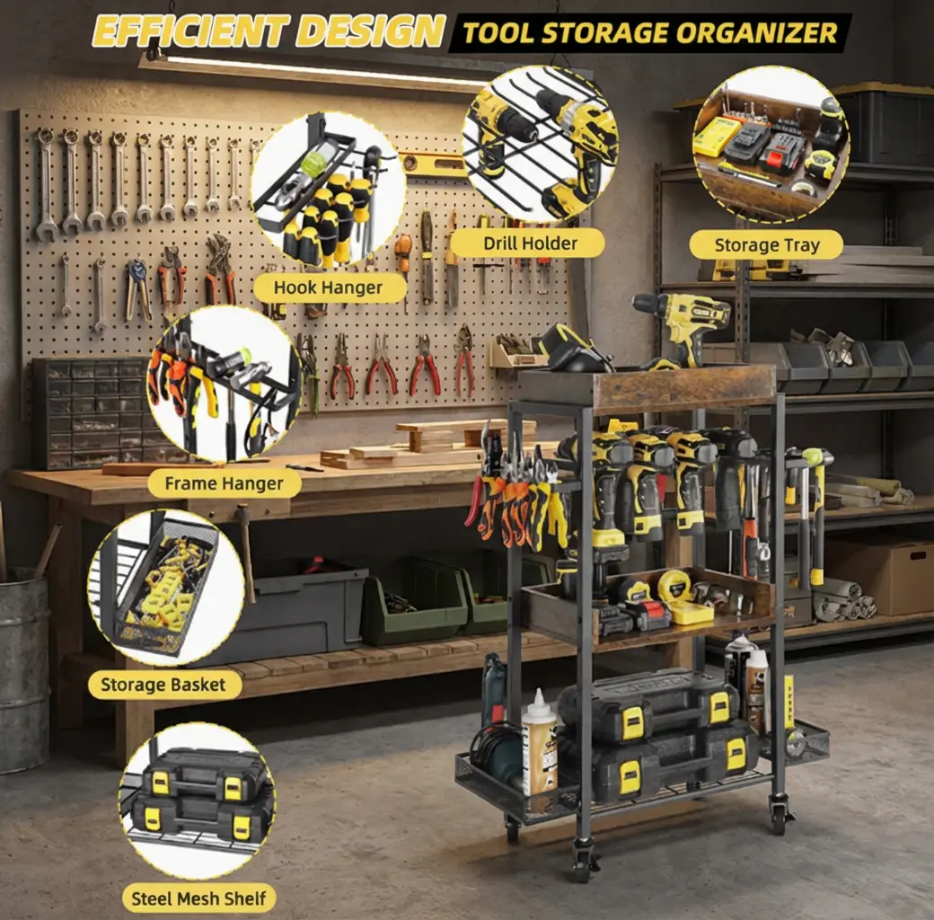 DIYers & Mechanics Love This! Heavy Duty Rolling Tool Cart with Drill Holder, Multi-Purpose Hooks & Steel Mesh Shelves - Perfect for Organizing All Your Tools