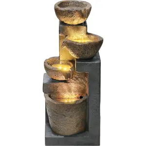 4-Tiers Cascading Bowls Outdoor Water Fountain with LED Light, Standing Cascading Water Feature, Faux Stacked Stones Waterfalls Fountains Decor for Garden Patio Yard and Lawn (Beige)