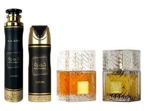 (4pc Bundle Pack) Khamrah + Khamrah Qahwa 3.4oz Perfume + Khamrah 300ml Air Freshener + Khamrah 200ml Body Spray Deodorant by Lattafa