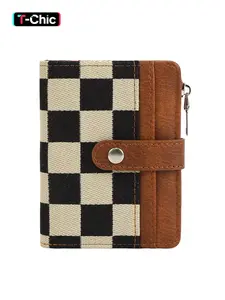 Women PU Leather Plaid Pattern Wallet Small Bifold Zipper Pocket Wallet Card Case Purse with ID Window, Pu Card Holder, Credit Card Holder, Casual Style All Seasons Bag Fabric