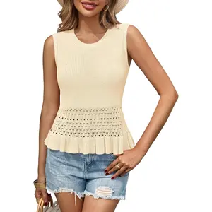 Saodimallsu Womens Crochet Crop Tank Tops Sleeveless Crew Neck Ruffle Summer Boho Knit Sweater Vest