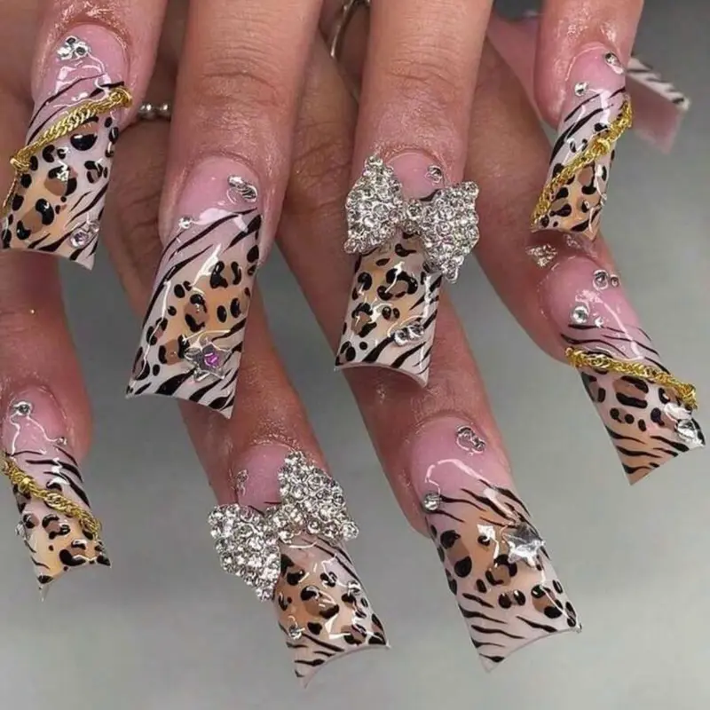 24PC Y2K Glam Leopard/Cheetah Press On Nails with Rhinestone Accents and Gold Trim for Baddies