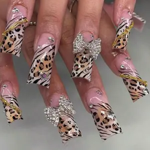 24PC Y2K Glam Leopard/Cheetah Press On Nails with Rhinestone Accents and Gold Trim for Baddies