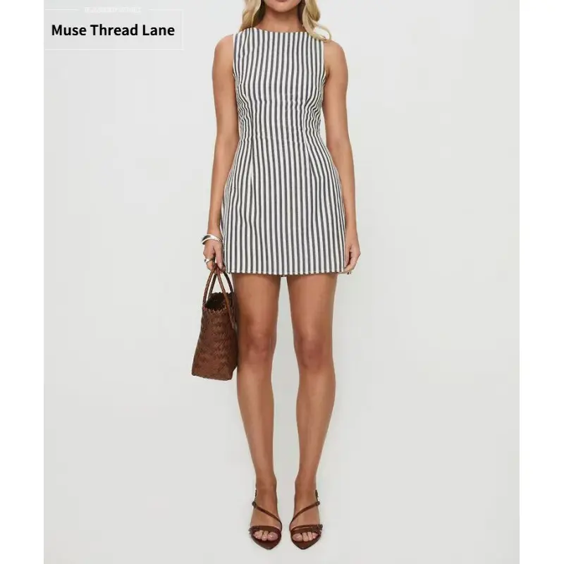 Women's Casual Striped Dress, Sleeveless Round Neck Lightweight Slimming Summer Sundress for Lady, Fashion Apparel
