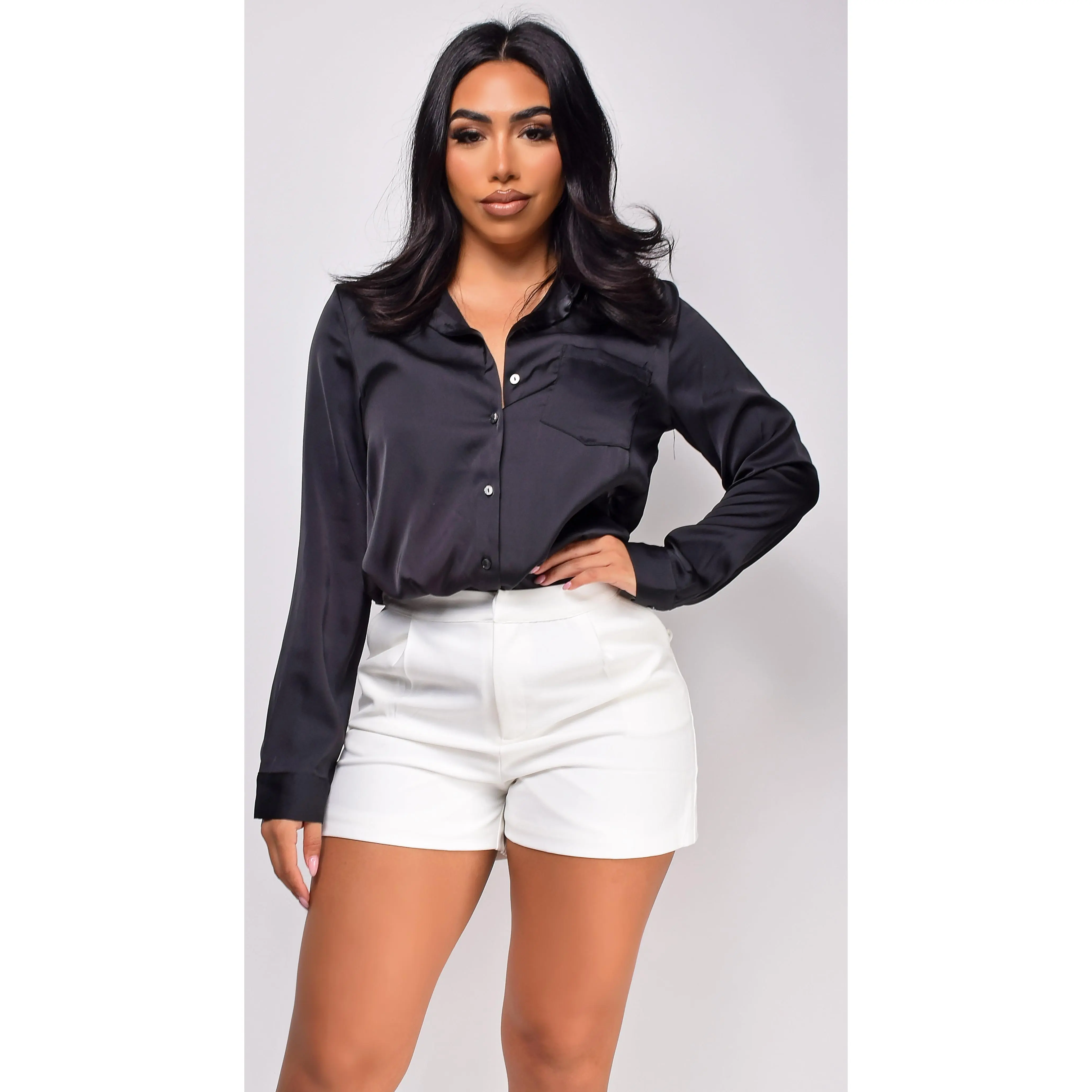 Braylee Satin Button Down Blouse Top - Black