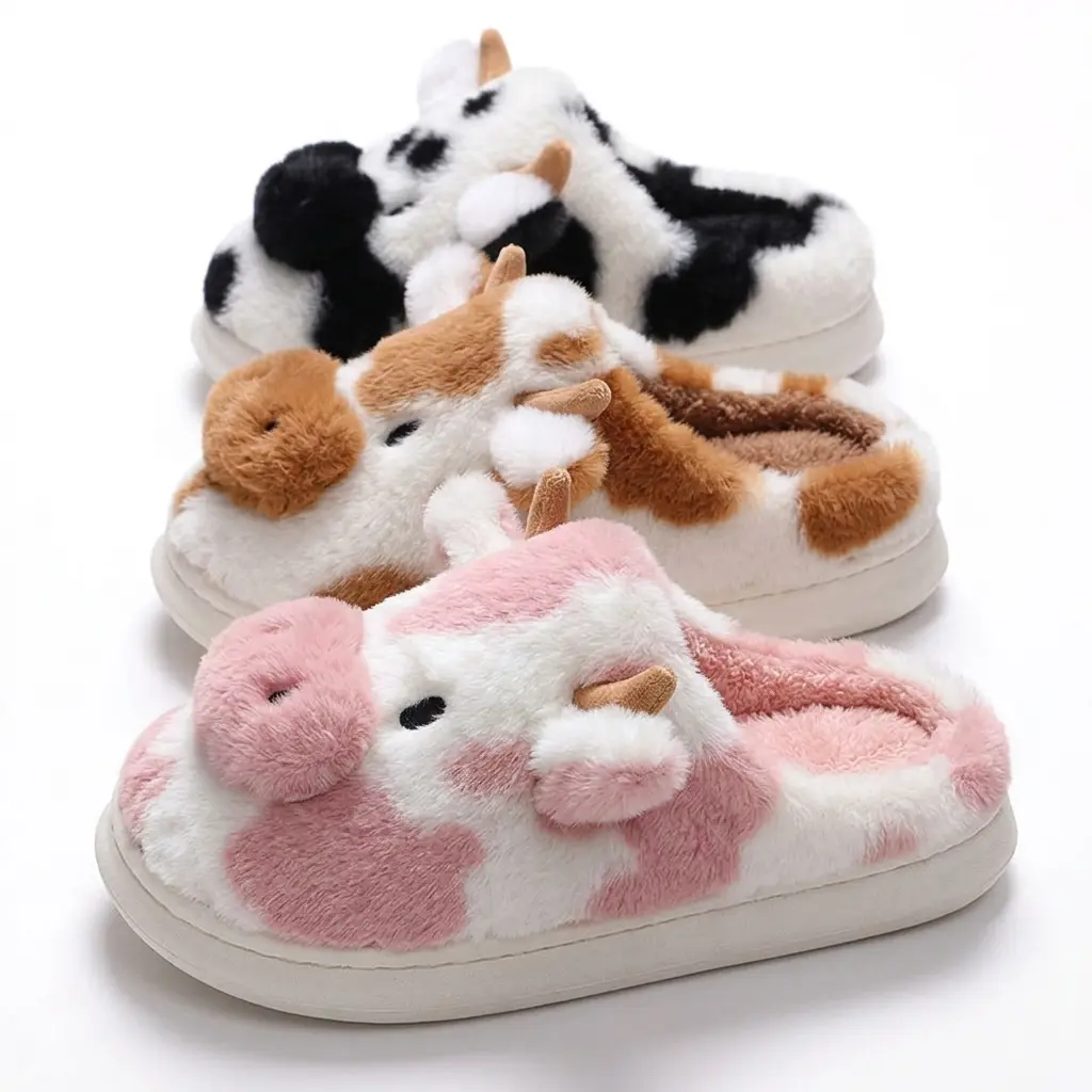 Women Fuzzy Plush Slippers Y2K Kawaii Indoor Outdoor Shoes Cow Home Slippers