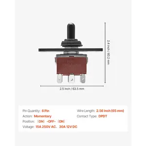 VEVOR Toggle Switch, 6 Pin Momentary Polarity Reversing Toggle Switch (ON)-Off-(ON) DC 12V/30A AC 250V/15A - with Up Down Mounting Panel Waterproof Boot Cap for Auto Car Marine Boat