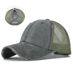 Women’s Vintage Washed Cotton Baseball Cap High Ponytail Braid Hole Design Breathable Mesh Solid Color Hat