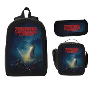 Stranger Things Themed Three-Piece Set Backpack Pencil Case Lunch Bag Classic Poster Pattern Student Set for Fans