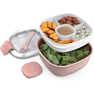 Salad - Stackable Lunch Container with Large Salad Bowl, 4-Compartment Bento-Style Tray for Toppings And Sauce Container