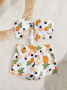 Women's Pineapple Print Tankini Set, Casual Fruit Print Swim Top & Swim Bottom, Two-piece Swimsuit for Beach Holiday Vacation