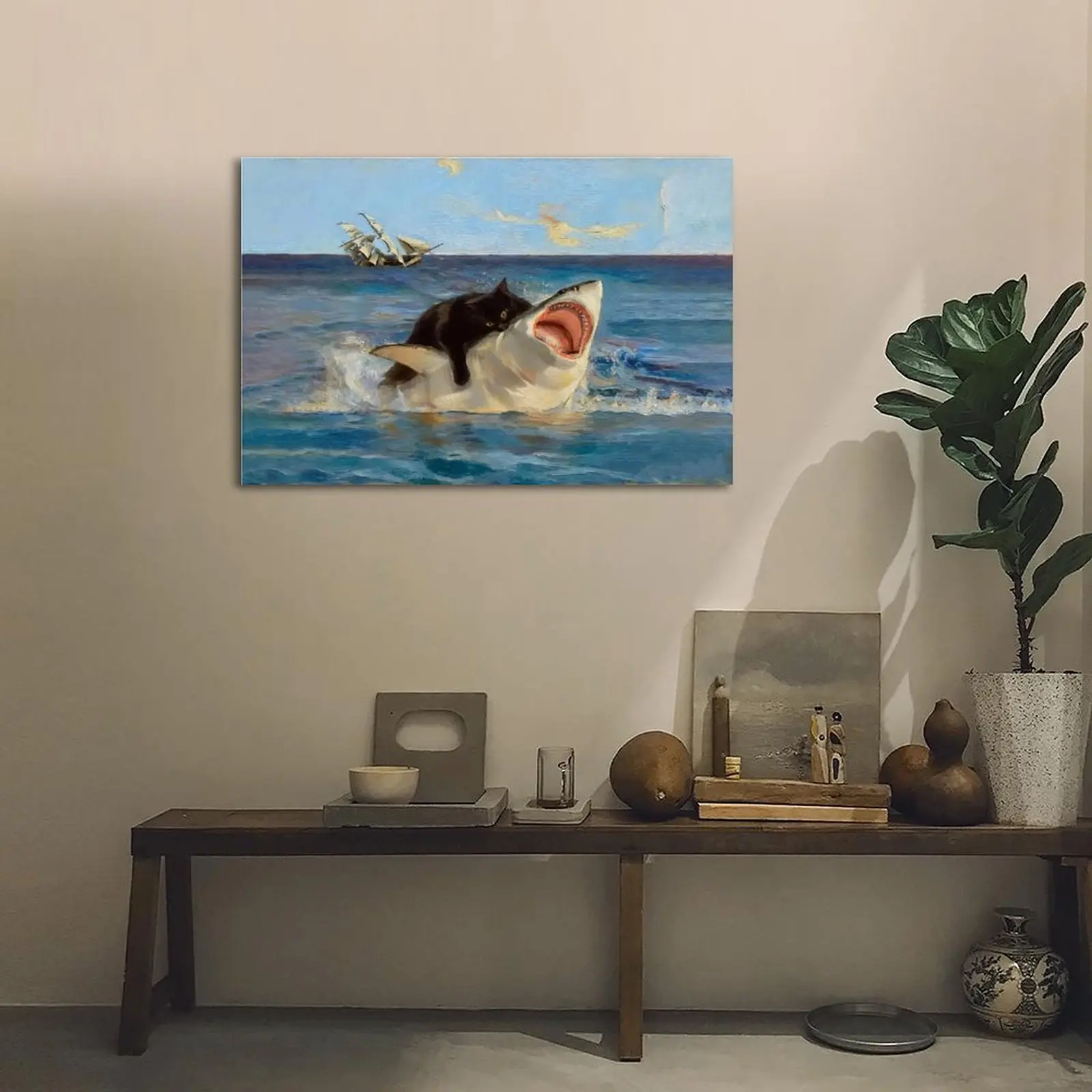 Cat & Shark Poster Artistic Canvas Cover  Artwork  Wall Art Room Decoration Hanging Chart Printing Canvas Printing Room Aesthetics