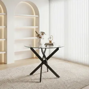 Round Dining Table, 35.5" Glass Dining Table with Black Legs, Modern Kitchen Table for Home Kitchen, Dining Room