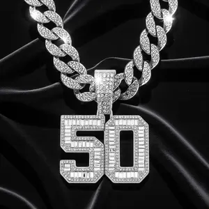 Hip Hop Silver Plated Number 50 Pendant & 15mm 16"~ 30" Iced Cubic Zirconia Cuban Chain Necklace Daily Birthday Male Anniversary