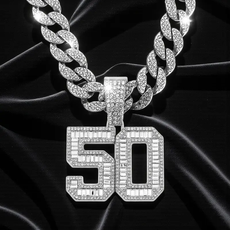 MaxBling81 Men's Hip Hop 15mm Silver Plated Iced Out Miami Cuban Chain Necklace with CZ Number 50 Pendant, Multi-Size 16-30 Inch, Cuban Link Necklace, Daily Wear, 80Mm X 45Mm