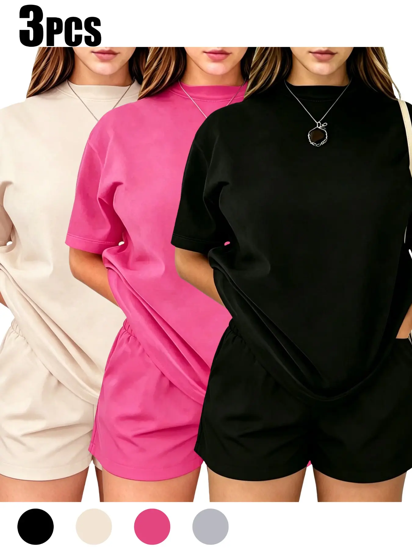 Women's New Solid Short Sleeve T-Shirt and Shorts Set, Summer Breathable Casual Style, Sweet Cool Lazy Fashion, Versatile Three-Piece