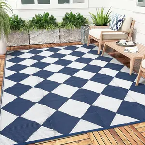 GARVEE 8x10 Outdoor Rug Waterproof Outdoor Plastic Straw Rug for Camping with Carry Bag, Reversible Easy Cleaning Checkered Floor Mat Outside Carpet for RV Patio Backyard Deck Picnic,Dark Blue