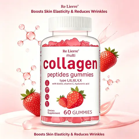 RE LIERRE Natural Dietary Multi Collagen Peptides Strawberry Gummies (60ct) - Type I,II,III,V,X Protein, Biotin, Hyaluronic Acid, Vitamin C Complex, Astaxanthin - Collagen for Women Skin Care Body Health Hair Nails Glow Supplement for Adults