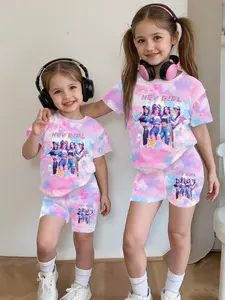 Hey Girl Girls' Tie-Dye Set, Blue Short Sleeve T-Shirt + Shorts, Casual All-Over Print, Slim-Fitting, Two-Piece Suit, Summer Clothing Set