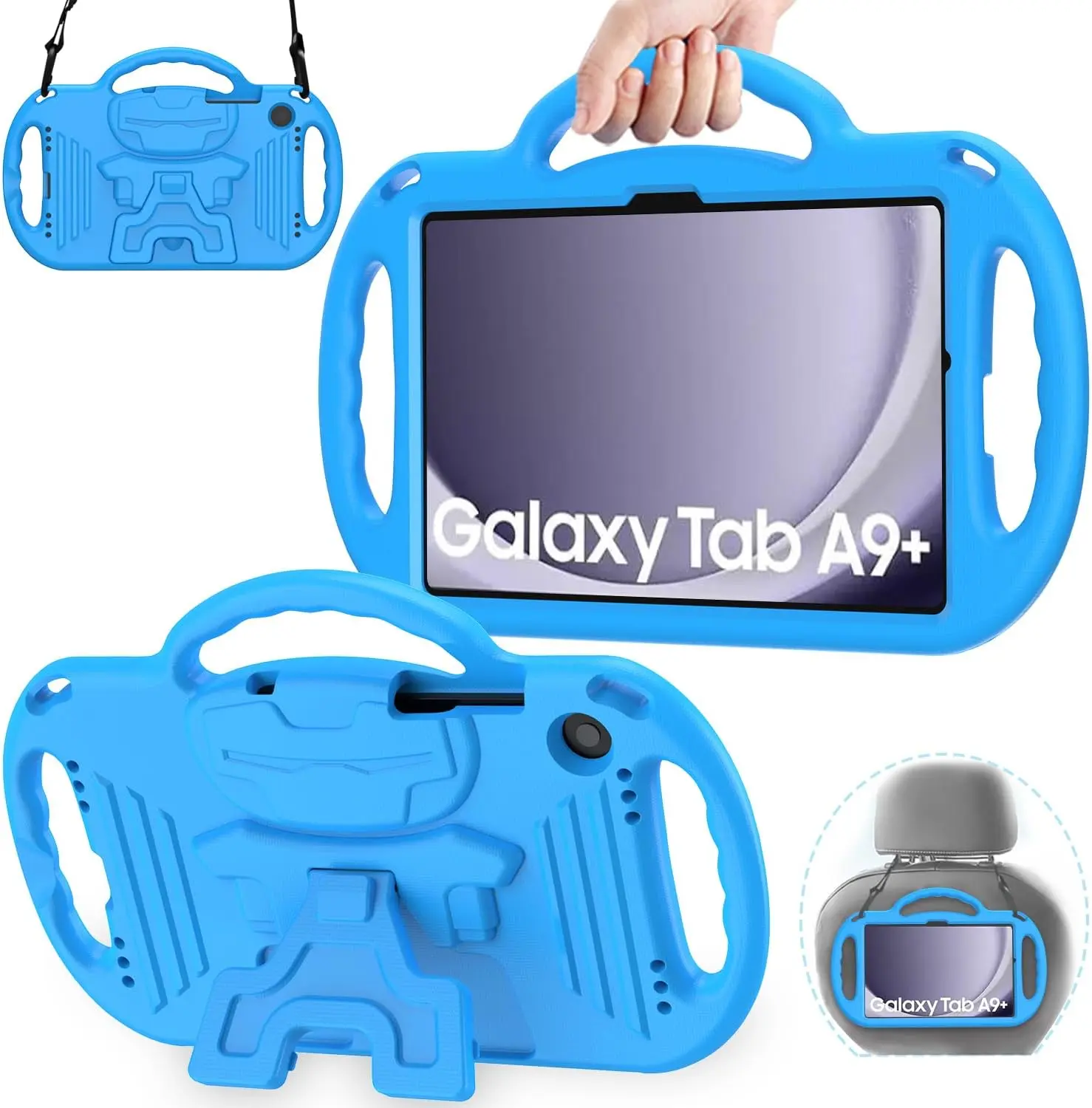 Durable Modern Friendly Material Tablet Case for Galaxy Tab A9+/A9 Plus 11in 2023 (SM-X210/X216/X218) - Heavy Duty Protection, Synthetic Fiber EVA Rubber, Lightweight Handle Stand, Strap, Lanyard, Blue for Galaxy Tab A9+ Users