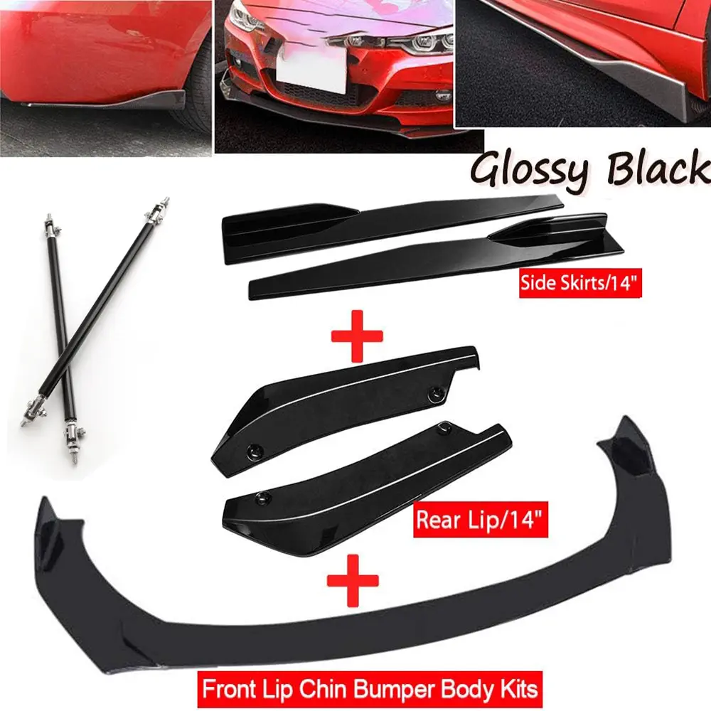 [Completed Set] Gloss Black PP Car Exterior Body Kit - Universal Front Bumper Lip Spoiler (Front Left, Right & Center Sections), Rear Bumper Side Skirts Splitter, Durable, Easy Install, Fits Honda Civic Accord Toyota Dodge Charger Mustang Volkswagen Mazda