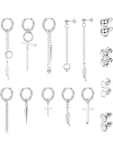 18Pcs Dangle Earrings for Men Women Stainless Steel CZ Ball Stud Earrings Feather Long Chain Pendant Kpop Hoop Earrings Piercing Set,Black and Silver