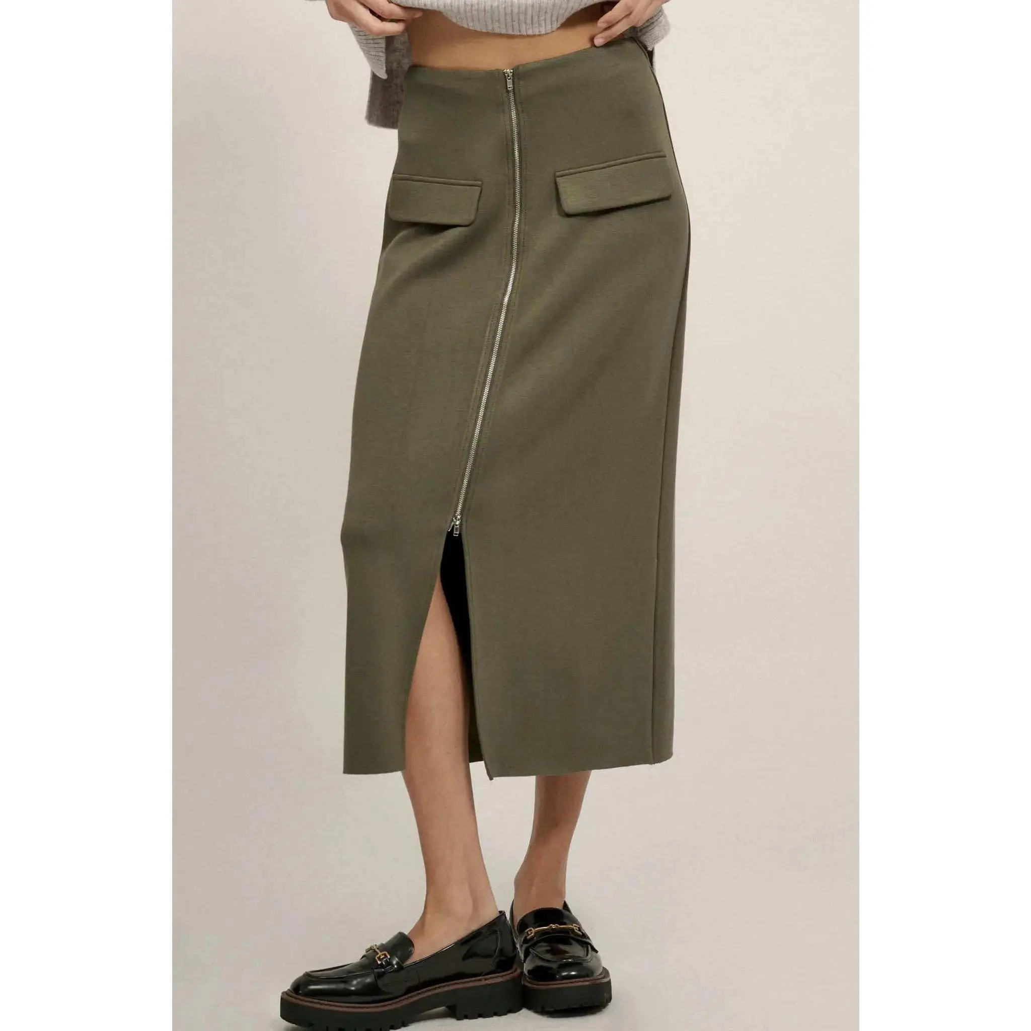 Premium Scuba Zip-Front Midi Skirt