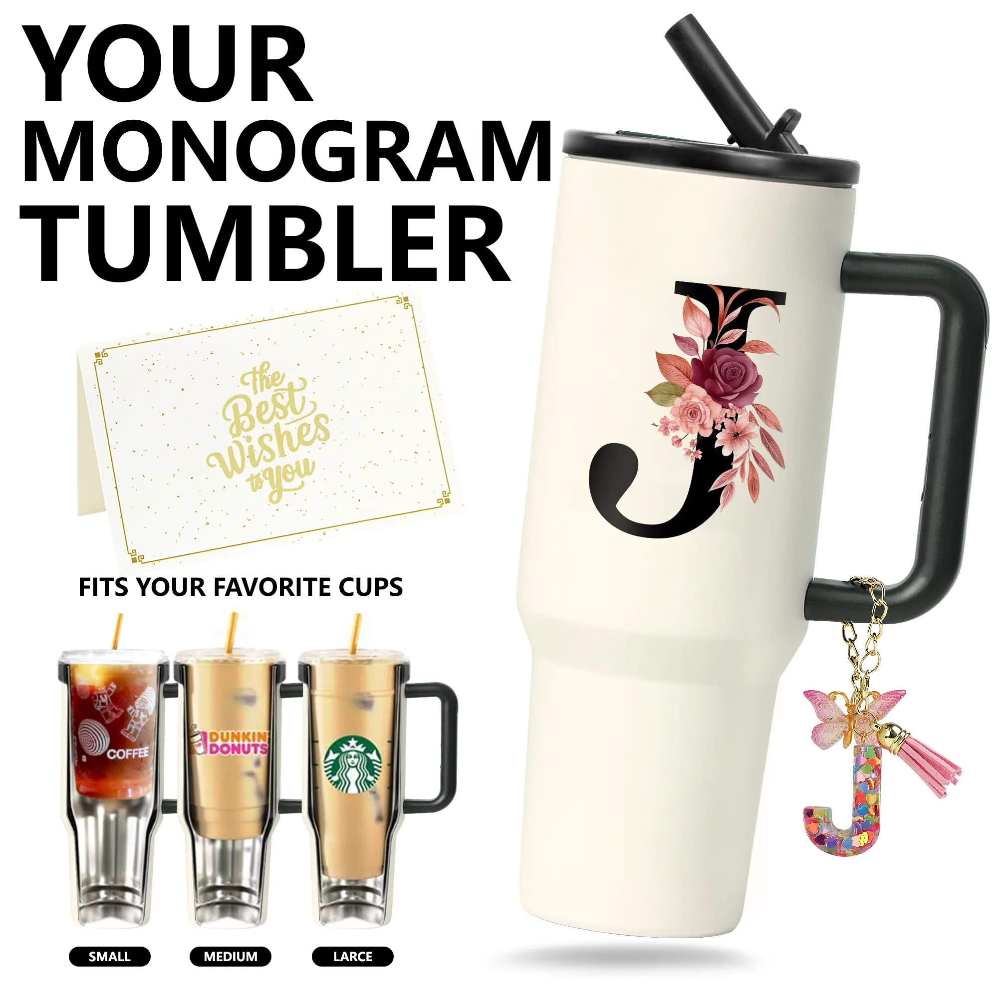 ZIOSINM Personalized Initial 40oz Tumbler with Handle, Leak-Proof Insulated Cup, 12H Ice Cold Beach Pool Travel Mug with Custom Keychain Gift Box Set