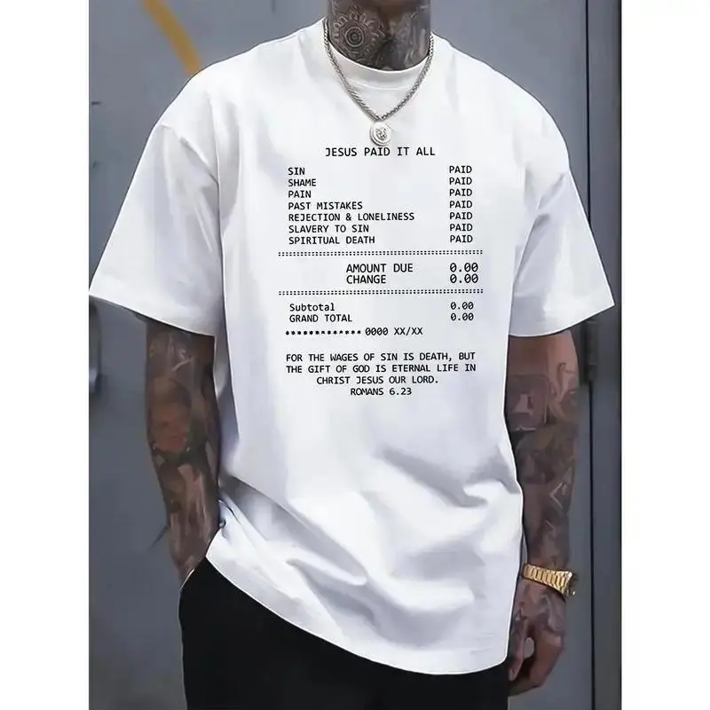Unisex 'Jesus Paid It All' Graphic T-Shirt, Vintage Christian Receipt Design Featuring Romans 6:23 Bible Verse Print, 100% Cotton Casual Oversized Crew Neck Top, Retro Streetwear Style Religious Faith Shirt for Believers, Church Goers and Spiritual