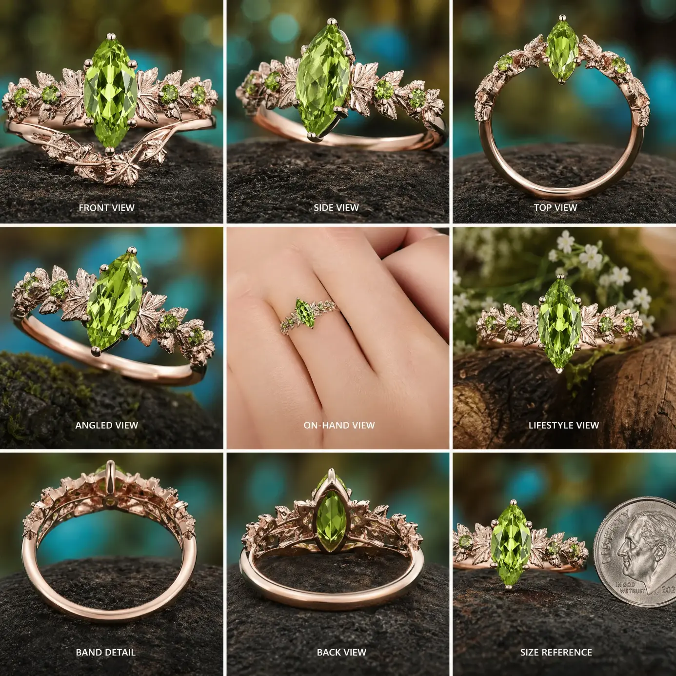 Rose Gold & Emerald Engagement Wedding Ring with Exclusive Romantic Engraving, Unique Design - Romantic Couples Gifts, Meaningful Gifts
