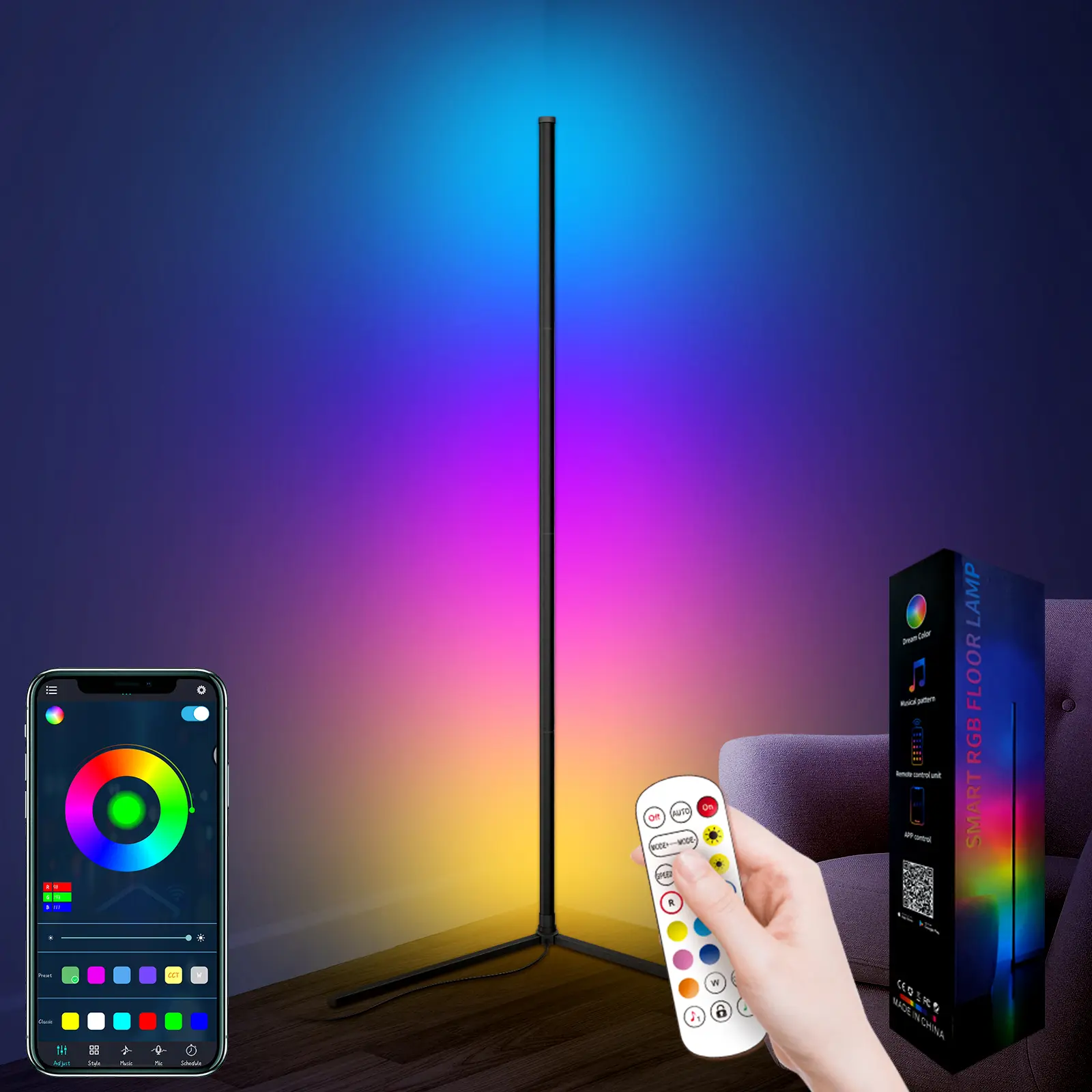 QIANGHE LED Floor Standing Ambient Light - App & Remote Control, Music Sync, 16M RGB Colors, Aesthetic Decorative Interior Light for Bedroom, Living Room Home Improvement