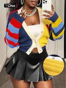 Women's Colorful Striped Knit Cardigan, Long Sleeve V-Neck Short Design, Casual Comfortable Knit Jacket, Spring & Fall Fashion Knitwear