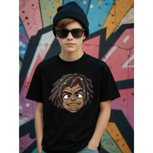 Tween Boy's Rastafarian Pattern Graphic Cotton T-Shirt, Black With Dreadlocks and Hearts Theme, Perfect Gifts To Christmas, Game Day, Sports Party Exquisite Shirts For Holiday Tween Boy T-Shirt Loves - Rastafarian Pattern, Kids Summer/Fall Clothes, Round