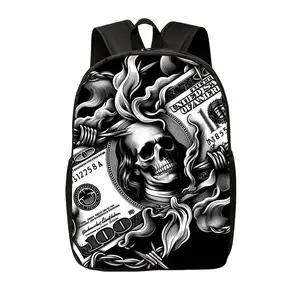 Unisex Large Capacity Lightweight Backpack With Dollar Skull Print, Adjustable Shoulder Straps & Side Storage Pockets, Laptop Daypack For Student School Commute Travel Hiking Outdoor Adventures