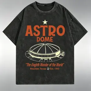Men's Vintage Houston Astrodome Graphic Short-Sleeve T-Shirt - 230g Water-Washed Cotton Distressed Retro Streetwear Menswear Tops, "Eighth Wonder of the World" Print, Classic Round Neck, All-Season Comfort, Machine Washable, Festive Holiday Gift,summervib