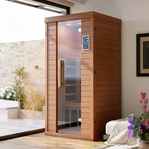 Infrared 1 Person Sauna Indoor Wooden Dry Sauna with 5 Heater Panels Towel Rack Cup Holders LED Lights Sound Speakers WiFi Control Personal Home Gym Spa Room