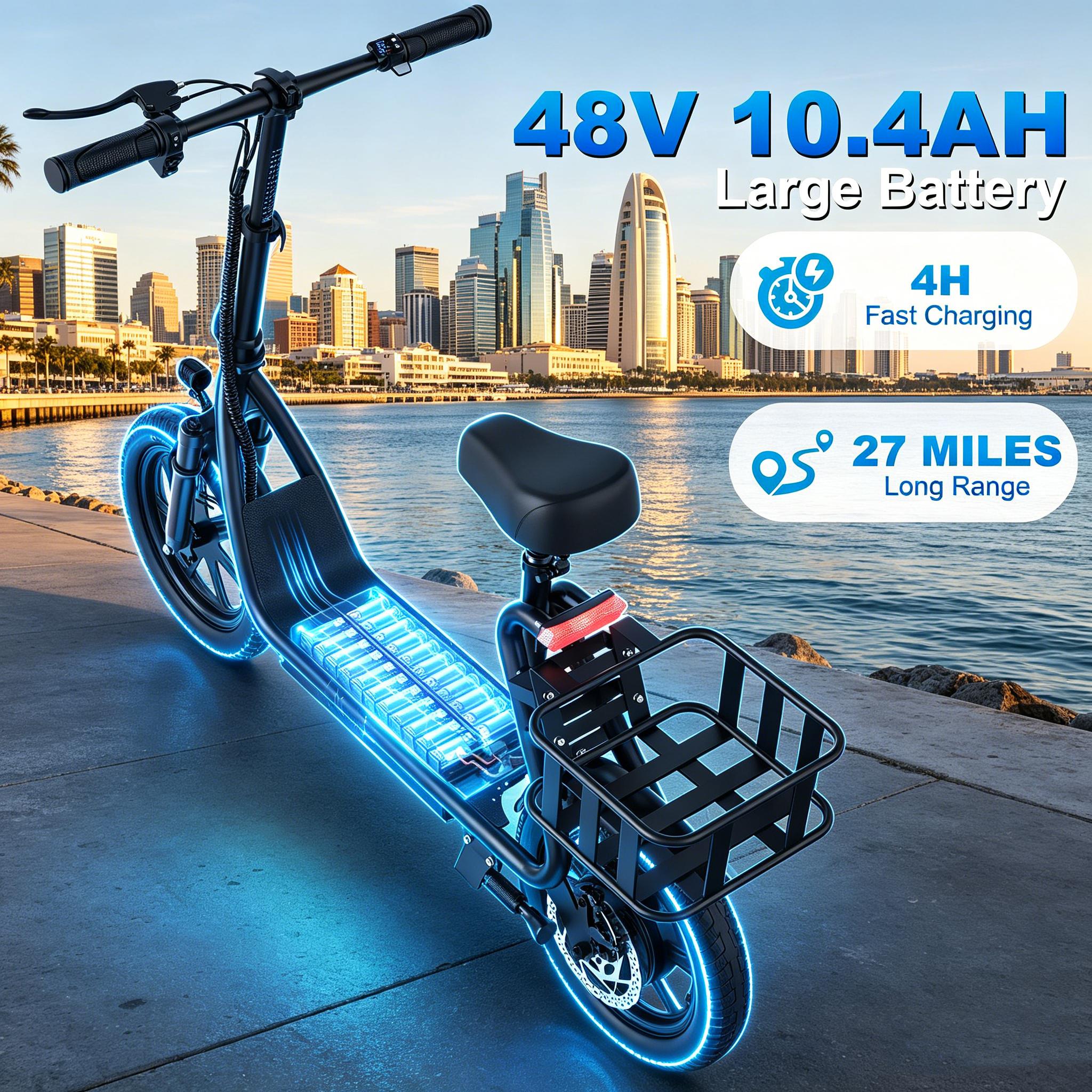 B Comfortable Seated Electric Scooter for Adults 48V 10.4Ah Battery Up to 22MPH Speed 21-27 Miles Range Pet-Friendly Design with Sturdy Rear Basket
