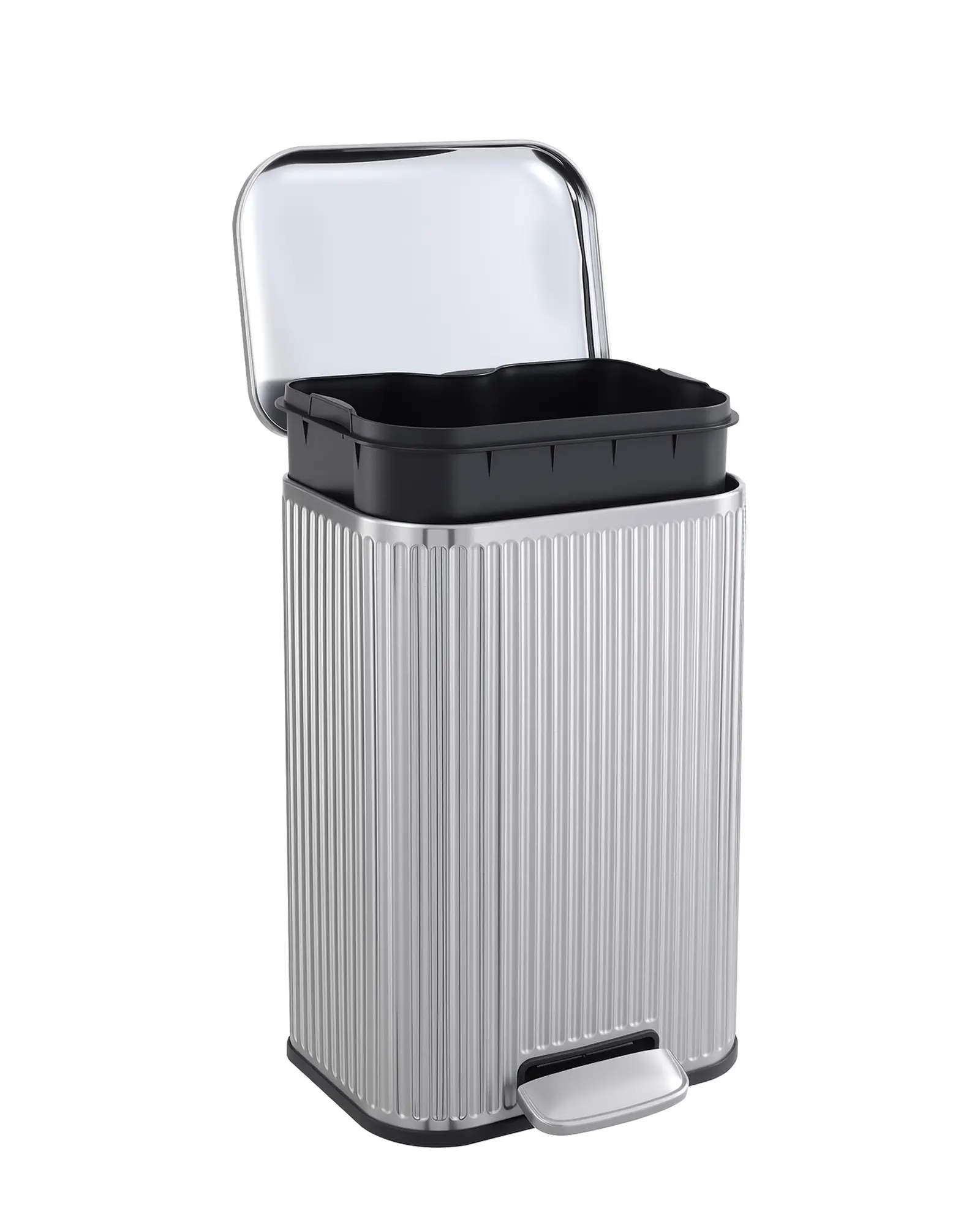 Garvee Modern Fluted Design Indoor Recycling Bin - Stainless Steel Kitchen Trash Can with Step Pedal Soft-Close Lid Removable Inner Bucket - Ideal for Home Office Living Room