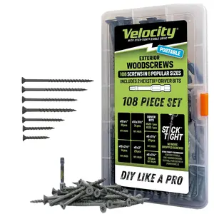 Velocity Exterior Wood Screws Assortment Kit –  Assorted Wood Screws in  Sizes Made with Carbon Steel,  Hexstix Drive Bits & Plastic Wood Screw Set Storage Organizer, Construction Screws for Wood