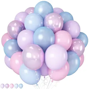 60Pcs Pink, Purple, Blue Balloons, 12 Inch Pastel Metallic & Pearl Latex for Birthday Party